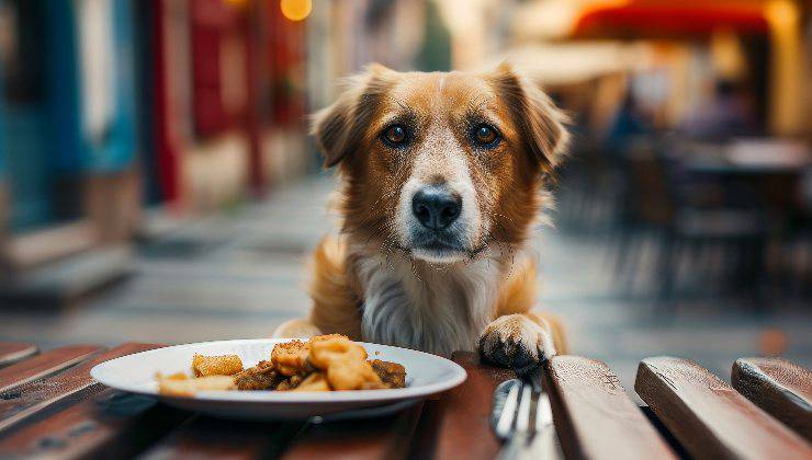 cane mangia a tavola con proprietario