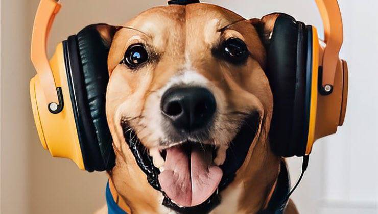 Cane sorride mentre indossa cuffie wireless in casa 