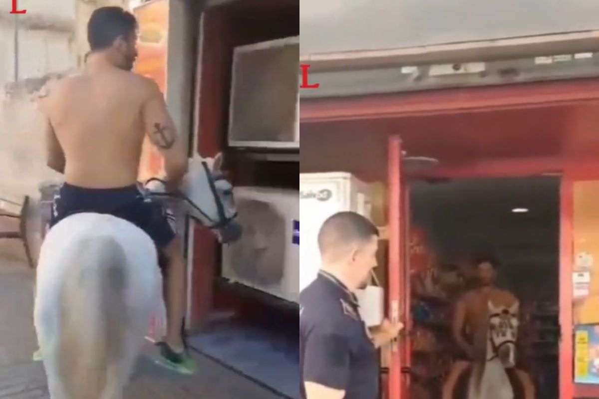 Uomo a cavallo va al supermercato