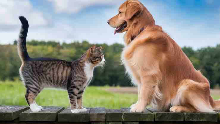 Golden Retriever e gatto striato su un muretto 