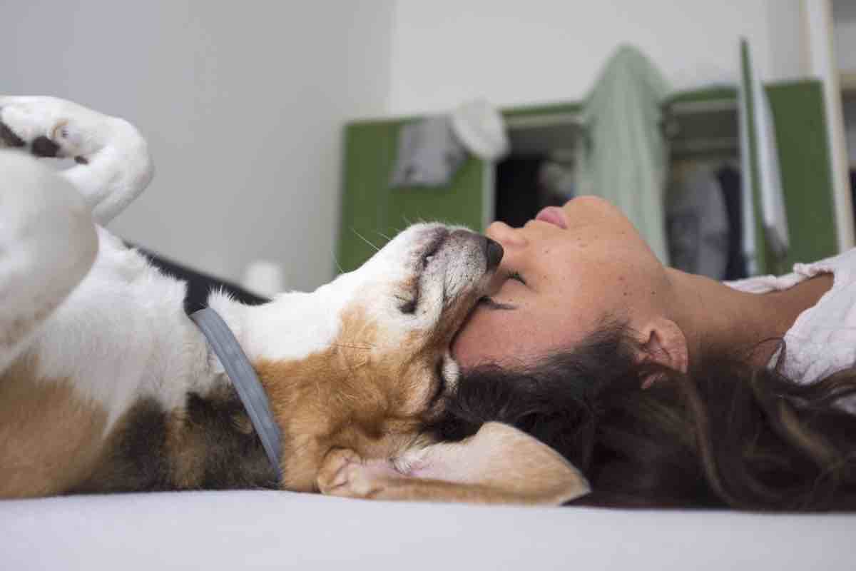 Ragazza sdraiata accanto a un cane