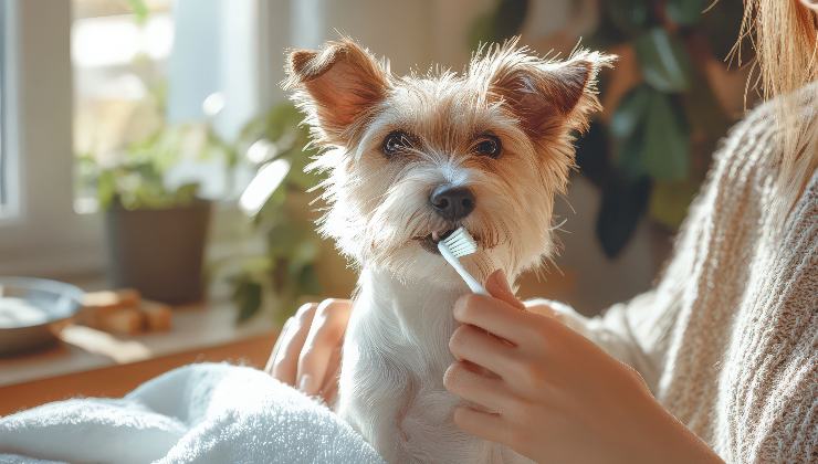 cane con spazzolino per denti